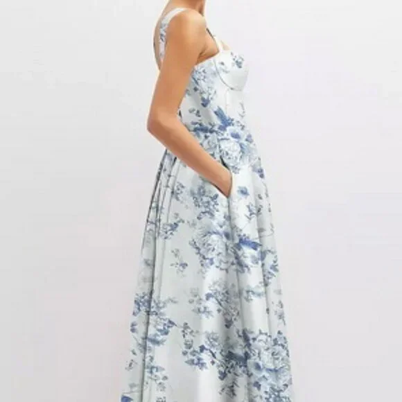 Alfred Sung Cottage Rose Larkspur Bustier Tie Back Gown D852FP - Picture 3 of 6